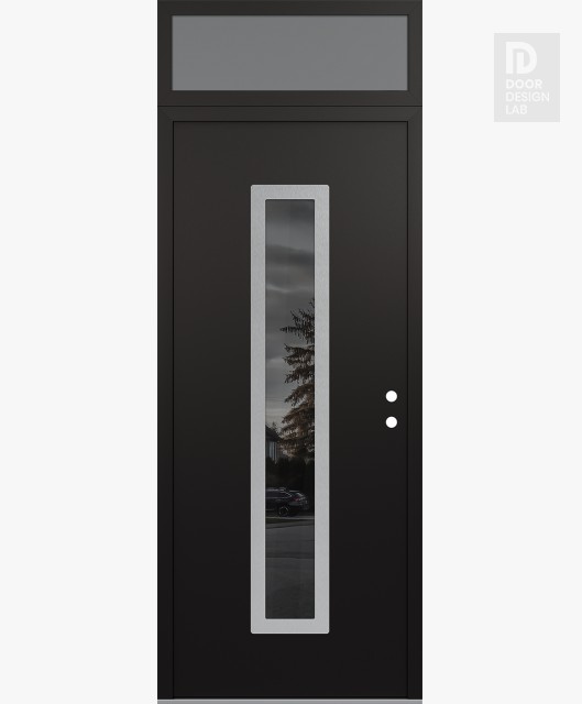 Modern Steel Front Door DIAMOND A11 36" X 96" BLACK/BLACK MIRRORED GLASS PANEL STAINLESS STEEL LHI WITH TRANSOM FROSTED GLASS