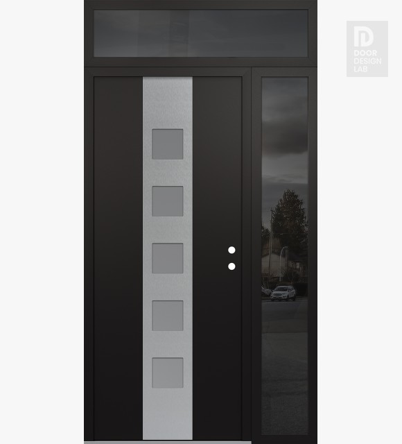 Modern Steel Front Door DIAMOND A13 48" X 96" BLACK/WHITE FROSTED GLASS PANEL STAINLESS STEEL LHI WITH SIDELITE AND TRANSOM MIRRORED GLASS