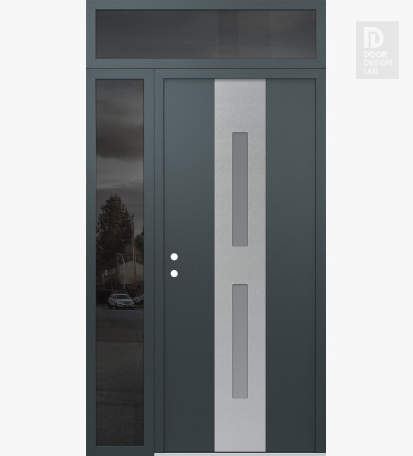 Modern Steel Front Door DIAMOND A6 52" X 96" ANTHRACITE/ANTHRACITE FROSTED GLASS PANEL STAINLESS STEEL RHI WITH SIDELITE AND TRANSOM MIRRORED GLASS