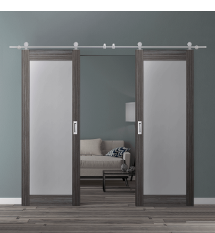 DOUBLE BARN DOOR PALLADIO 207 VETRO GRAY OAK 36" X 80" X 1 9/16" TEMPERED FROSTED GLASS STAINLESS STEEL HARDWARE