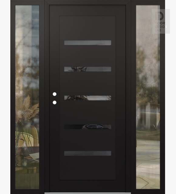 Modern Steel Front Door Diamond C7 64" x 80" black/black mirrored Glass Panel black RHI with 2 Sidelites clear Glass
