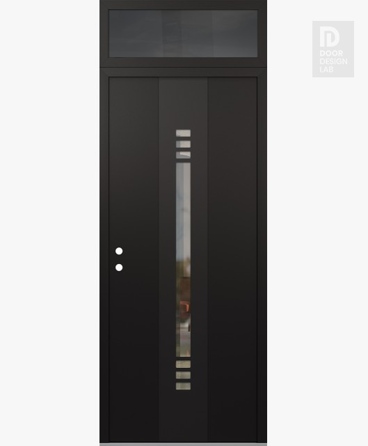 Modern Steel Front Door DIAMOND A5 36" X 96" BLACK/BLACK CLEAR GLASS PANEL BLACK RHI WITH TRANSOM MIRRORED GLASS