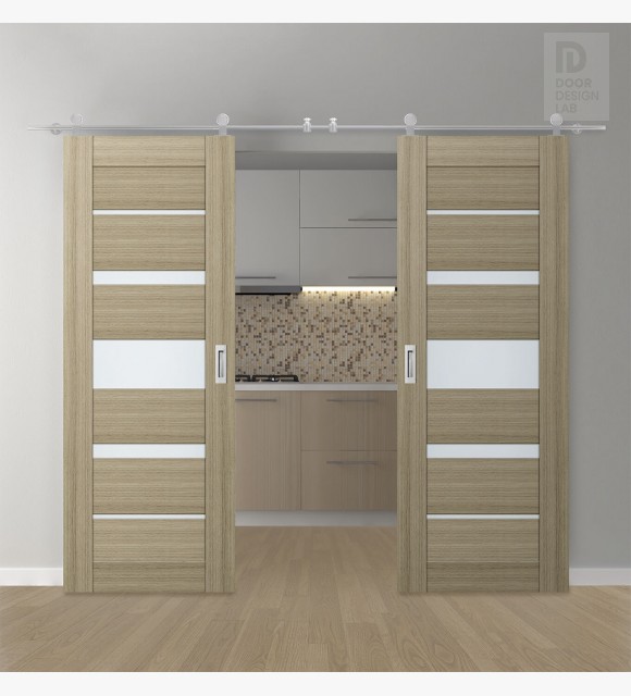 DOUBLE BARN DOOR AVON 07-03 VETRO SHAMBOR 36" X 80" X 1 3/4" STAINLESS STEEL HARDWARE
