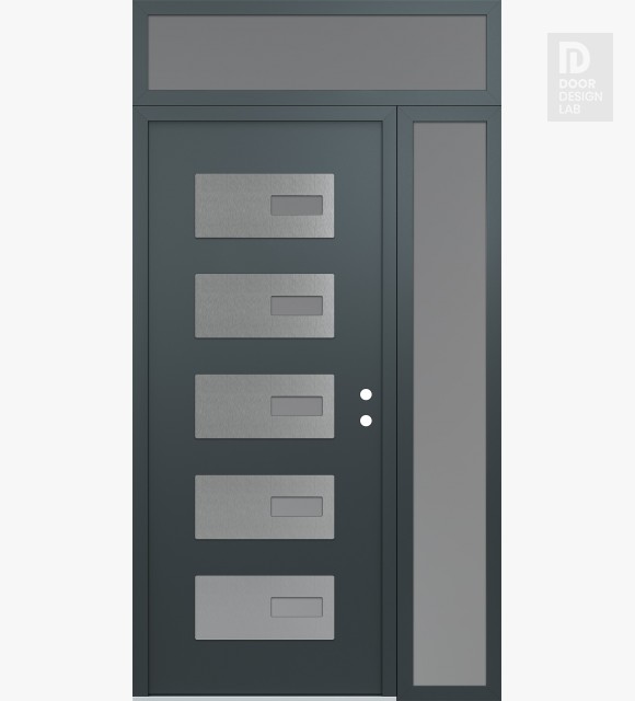 Modern Steel Front Door Diamond D7 52" x 96" anthracite/anthracite frosted Glass Panel stainless steel LHI with Sidelite and Transom frosted Glass