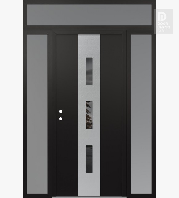 Modern Steel Front Door DIAMOND A7 68" X 96" BLACK/BLACK MIRRORED GLASS PANEL STAINLESS STEEL RHI WITH 2 SIDELITES AND TRANSOM FROSTED GLASS