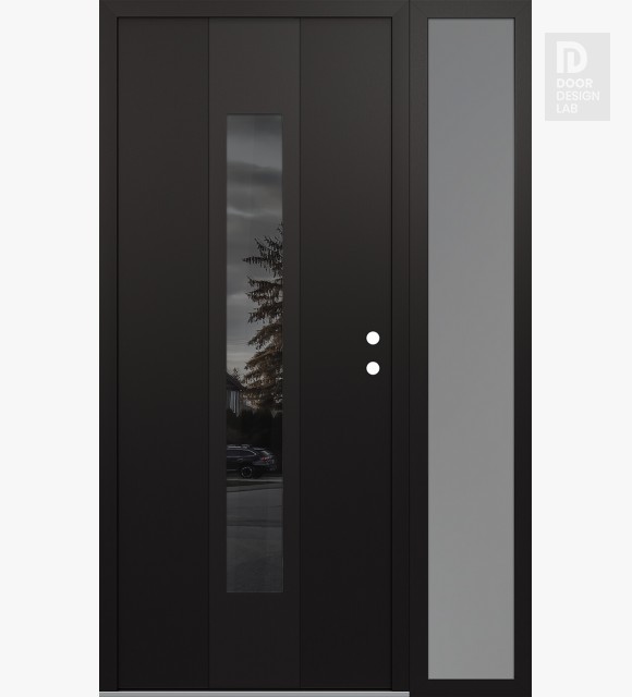 Modern Steel Front Door DIAMOND A1 50" X 80" BLACK/BLACK MIRRORED GLASS PANEL BLACK LHI WITH SIDELITE FROSTED GLASS