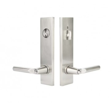 EMTEK MODERN RECTANGULAR TWO-POINT, DUMMY, PAIR WITH HANOVER LEVERS 5312 SINGLE CYLINDER SATIN NICKEL US15