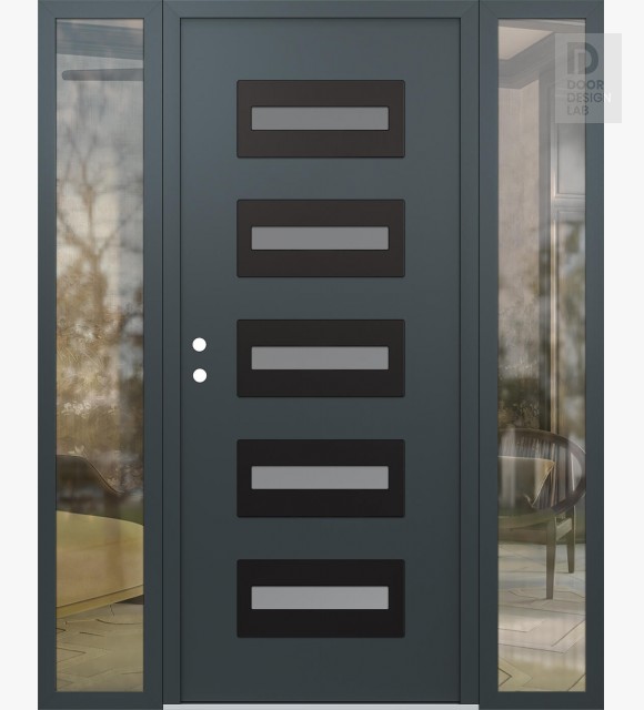 Modern Steel Front Door Diamond D4 64" x 80" anthracite/anthracite frosted Glass Panel black RHI with 2 Sidelites clear Glass