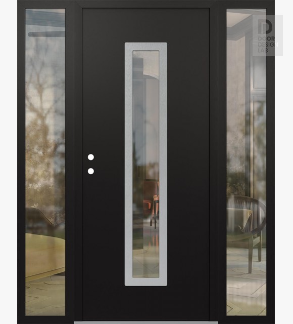 Modern Steel Front Door DIAMOND A11 68" X 80" BLACK/BLACK CLEAR GLASS PANEL STAINLESS STEEL RHI WITH 2 SIDELITES CLEAR GLASS