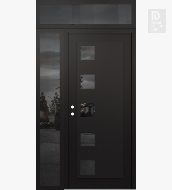 Modern Steel Front Door Diamond C5 52" x 96" black/black mirrored Glass Panel black RHI with Sidelite and Transom mirrored Glass