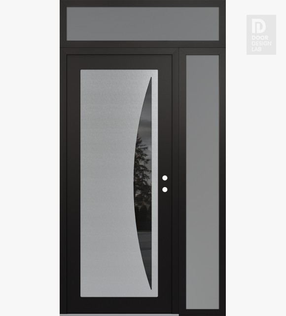 Modern Steel Front Door Diamond C13 48" x 96" black/black mirrored Glass Panel stainless steel LHI with Sidelite and Transom frosted Glass