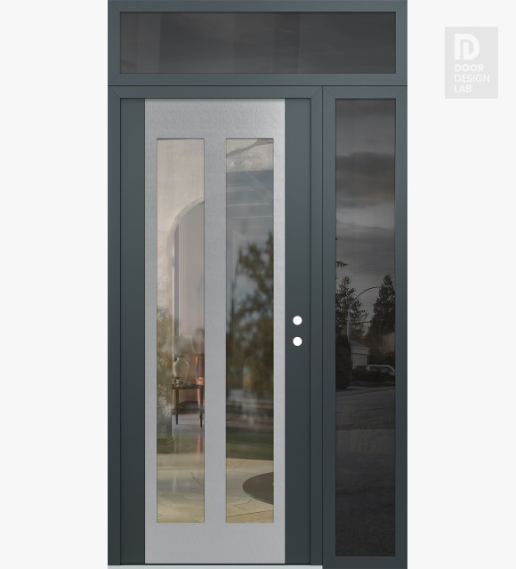 Modern Steel Front Door Diamond C14 48" x 96" anthracite/anthracite clear Glass Panel stainless steel LHI with Sidelite and Transom mirrored Glass