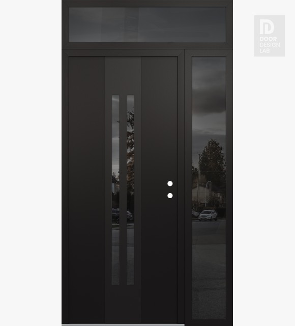 Modern Steel Front Door DIAMOND A8 48" X 96" BLACK/BLACK MIRRORED GLASS PANEL BLACK LHI WITH SIDELITE AND TRANSOM MIRRORED GLASS