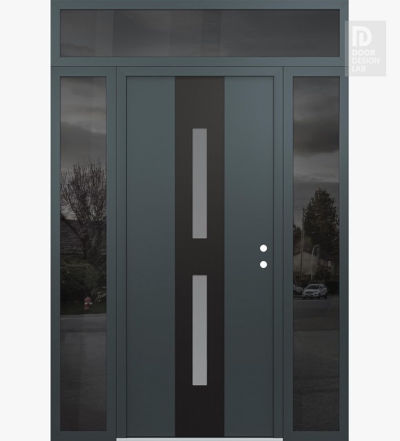Modern Steel Front Door DIAMOND A6 68" X 96" ANTHRACITE/ANTHRACITE FROSTED GLASS PANEL BLACK LHI WITH 2 SIDELITES AND TRANSOM MIRRORED GLASS