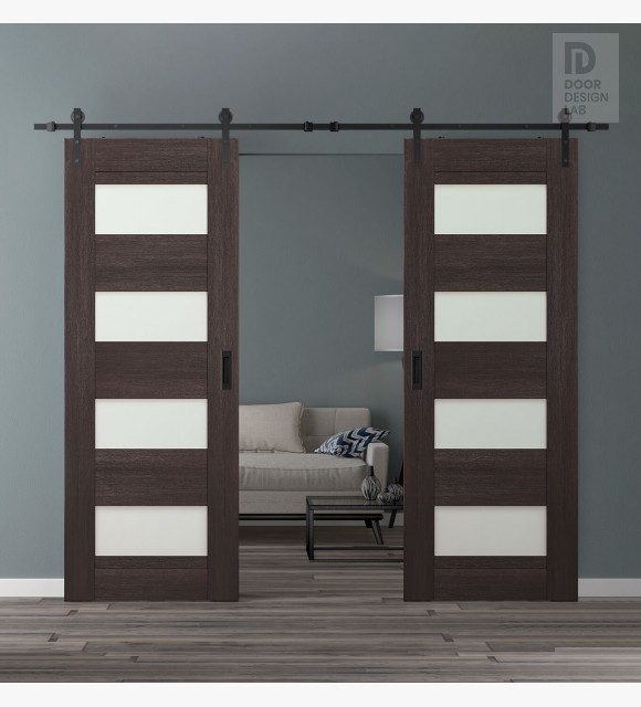 DOUBLE BARN DOOR AVON 07-08 VETRO VERALINGA OAK 56" X 84" X 1 3/4" BLACK HARDWARE