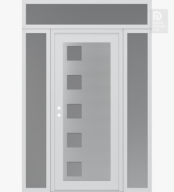 Modern Steel Front Door Diamond C5 68" x 96" white/white frosted Glass Panel stainless steel RHI with 2 Sidelites and Transom frosted Glass