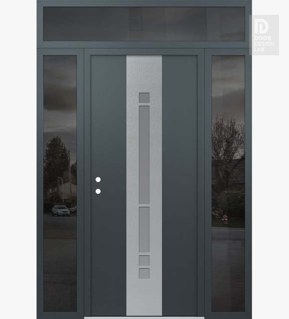 Modern Steel Front Door DIAMOND A3 68" X 96" ANTHRACITE/ANTHRACITE FROSTED GLASS PANEL STAINLESS STEEL RHI WITH 2 SIDELITES AND TRANSOM MIRRORED GLASS
