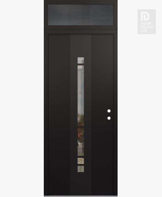 Modern Steel Front Door DIAMOND A3 36" X 96" BLACK/BLACK CLEAR GLASS PANEL BLACK LHI WITH TRANSOM MIRRORED GLASS