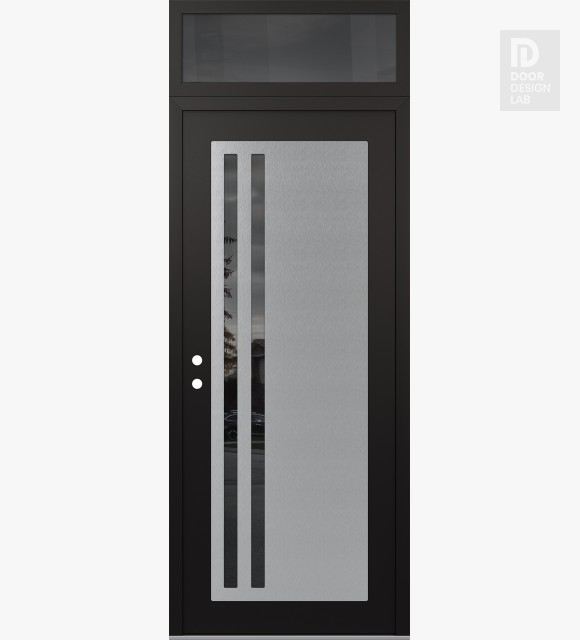 Modern Steel Front Door Diamond C6 36" x 96" black/black mirrored Glass Panel stainless steel RHI with Transom mirrored Glass