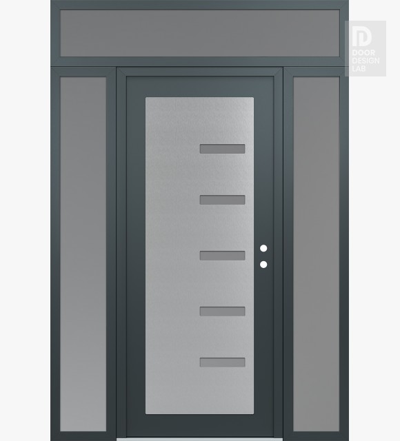 Modern Steel Front Door Diamond C8 68" x 96" anthracite/anthracite frosted Glass Panel stainless steel LHI with 2 Sidelites and Transom frosted Glass