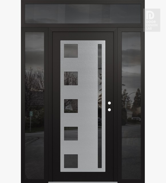 Modern Steel Front Door Diamond C3 60" x 96" black/black mirrored Glass Panel stainless steel LHI with 2 Sidelites and Transom mirrored Glass