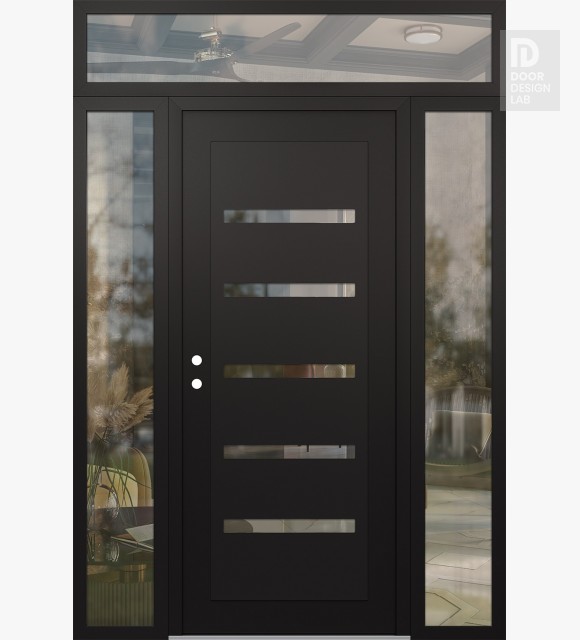Modern Steel Front Door Diamond C7 64" x 96" black/black clear Glass Panel black RHI with 2 Sidelites and Transom clear Glass