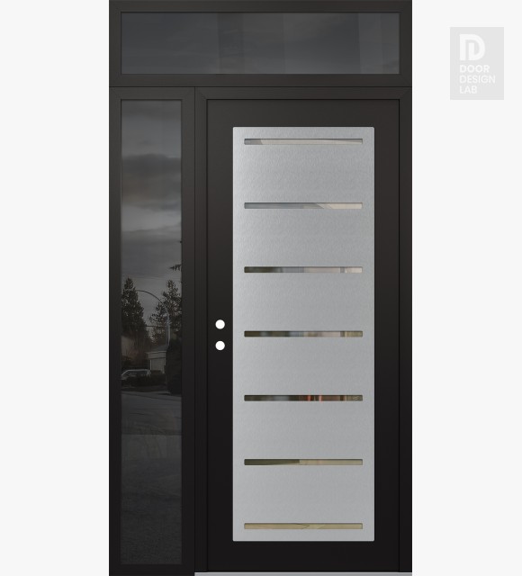 Modern Steel Front Door Diamond C11 48" x 96" black/black clear Glass Panel stainless steel RHI with Sidelite and Transom mirrored Glass