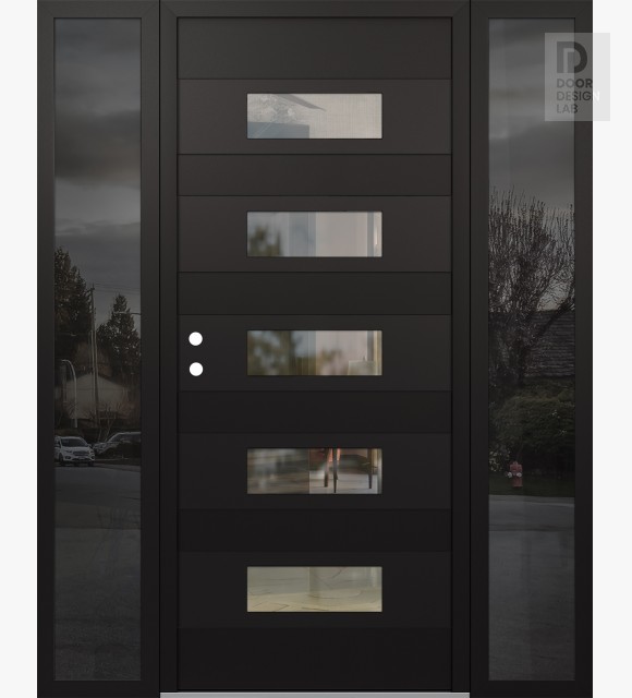 Modern Steel Front Door Diamond D5 60" x 80" black/black clear Glass Panel black RHI with 2 Sidelites mirrored Glass