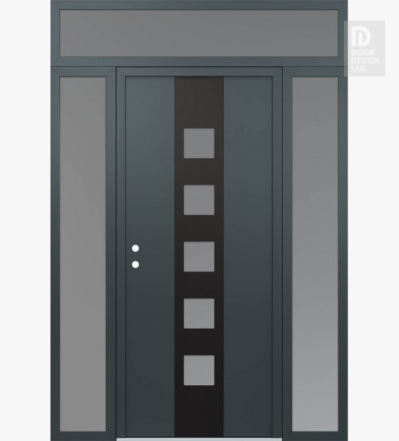Modern Steel Front Door DIAMOND A13 60" X 96" ANTHRACITE/ANTHRACITE FROSTED GLASS PANEL BLACK RHI WITH 2 SIDELITES AND TRANSOM FROSTED GLASS
