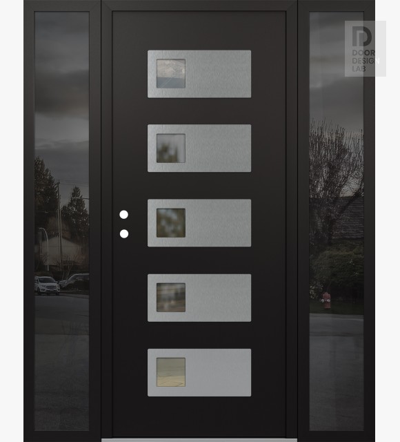 Modern Steel Front Door Diamond D2 60" x 80" black/black clear Glass Panel stainless steel RHI with 2 Sidelites mirrored Glass