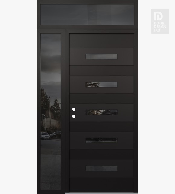 Modern Steel Front Door Diamond D9 48" x 96" black/black mirrored Glass Panel black RHI with Sidelite and Transom mirrored Glass