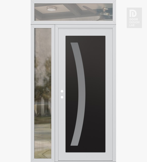 Modern Steel Front Door Diamond C4 50" x 96" white/white frosted Glass Panel black RHI with Sidelite and Transom clear Glass
