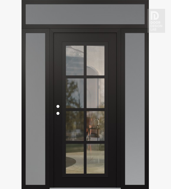 Modern Steel Front Door Diamond C16 64" x 96" black/black clear Glass Panel black RHI with 2 Sidelites and Transom frosted Glass