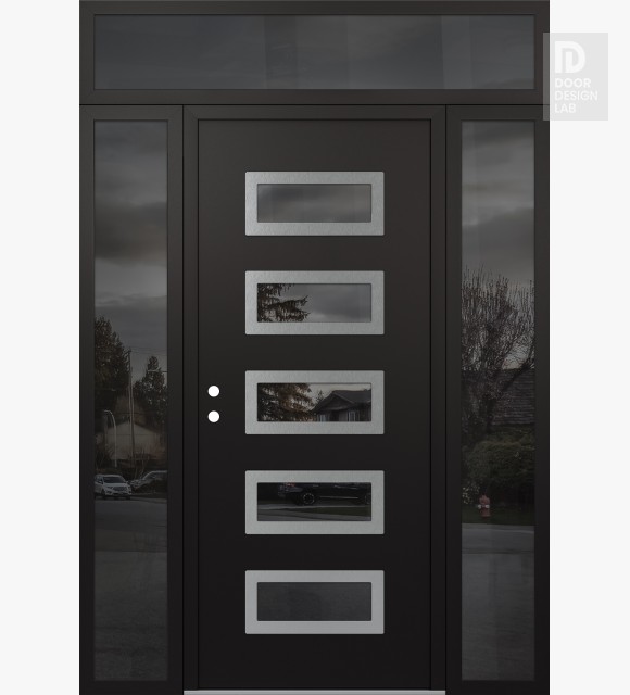 Modern Steel Front Door Diamond D1 60" x 96" black/black mirrored Glass Panel stainless steel RHI with 2 Sidelites and Transom mirrored Glass
