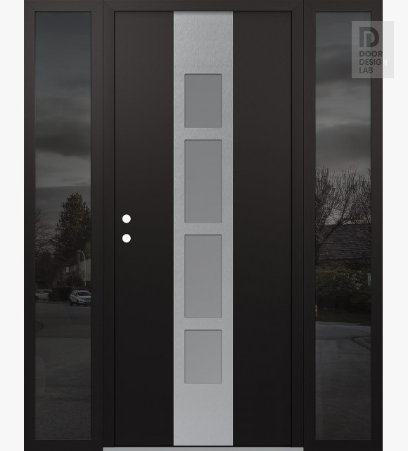 Modern Steel Front Door DIAMOND A10 68" X 80" BLACK/WHITE FROSTED GLASS PANEL STAINLESS STEEL RHI WITH 2 SIDELITES MIRRORED GLASS