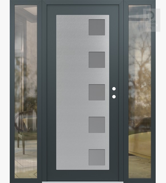 Modern Steel Front Door Diamond C5 64" x 80" anthracite/anthracite frosted Glass Panel stainless steel LHI with 2 Sidelites clear Glass
