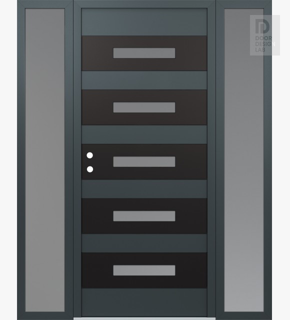 Modern Steel Front Door Diamond D9 64" x 80" anthracite/anthracite frosted Glass Panel black RHI with 2 Sidelites frosted Glass