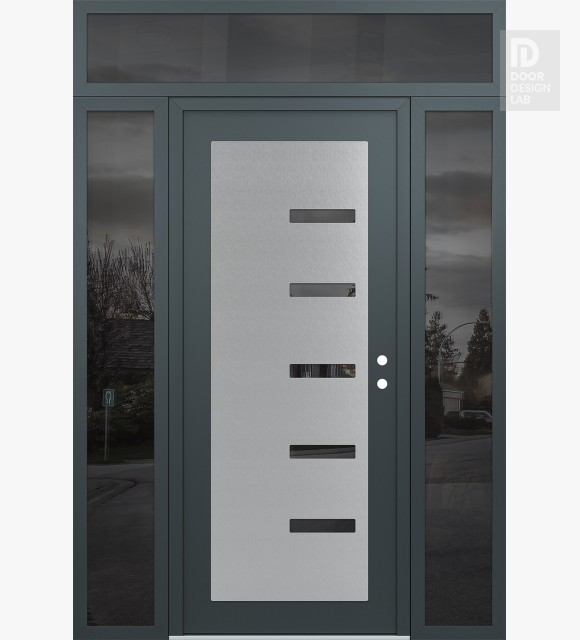 Modern Steel Front Door Diamond C8 60" x 96" anthracite/anthracite mirrored Glass Panel stainless steel LHI with 2 Sidelites and Transom mirrored Glass