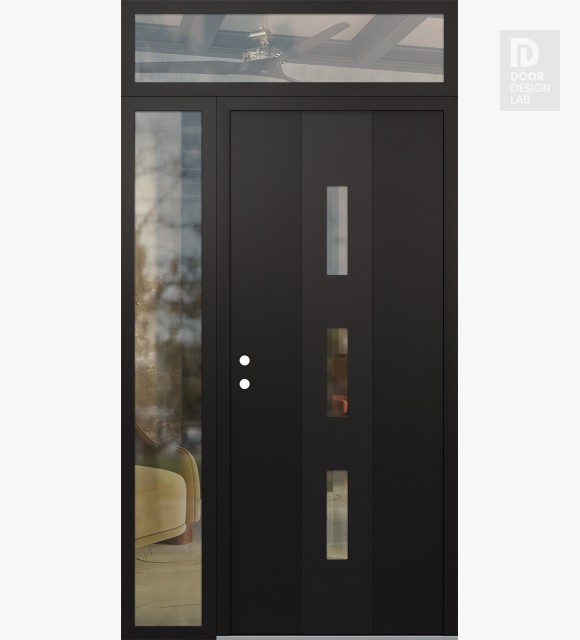 Modern Steel Front Door DIAMOND A7 52" X 96" BLACK/BLACK CLEAR GLASS PANEL BLACK RHI WITH SIDELITE AND TRANSOM CLEAR GLASS