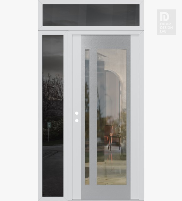 Modern Steel Front Door Diamond C15 52" x 96" white/white clear Glass Panel stainless steel RHI with Sidelite and Transom mirrored Glass