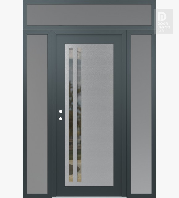 Modern Steel Front Door Diamond C6 64" x 96" anthracite/anthracite clear Glass Panel stainless steel RHI with 2 Sidelites and Transom frosted Glass