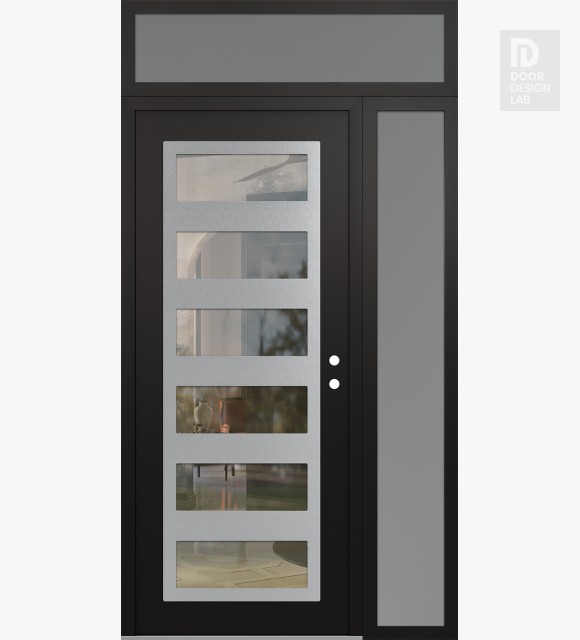Modern Steel Front Door Diamond C9 52" x 96" black/black clear Glass Panel stainless steel LHI with Sidelite and Transom frosted Glass