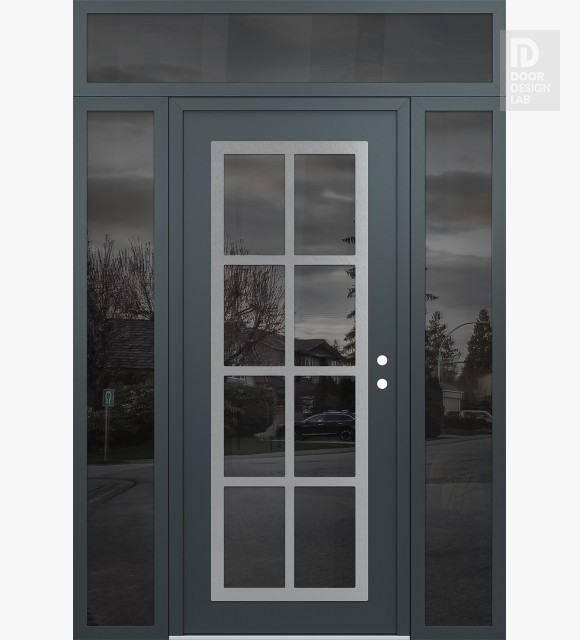 Modern Steel Front Door Diamond C16 68" x 96" anthracite/anthracite mirrored Glass Panel stainless steel LHI with 2 Sidelites and Transom mirrored Glass