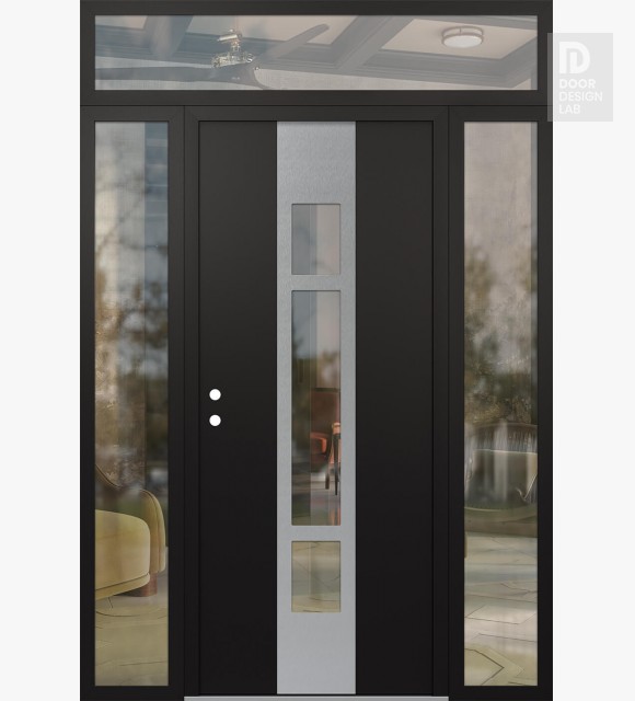 Modern Steel Front Door DIAMOND A9 60" X 96" BLACK/BLACK CLEAR GLASS PANEL STAINLESS STEEL RHI WITH 2 SIDELITES AND TRANSOM CLEAR GLASS
