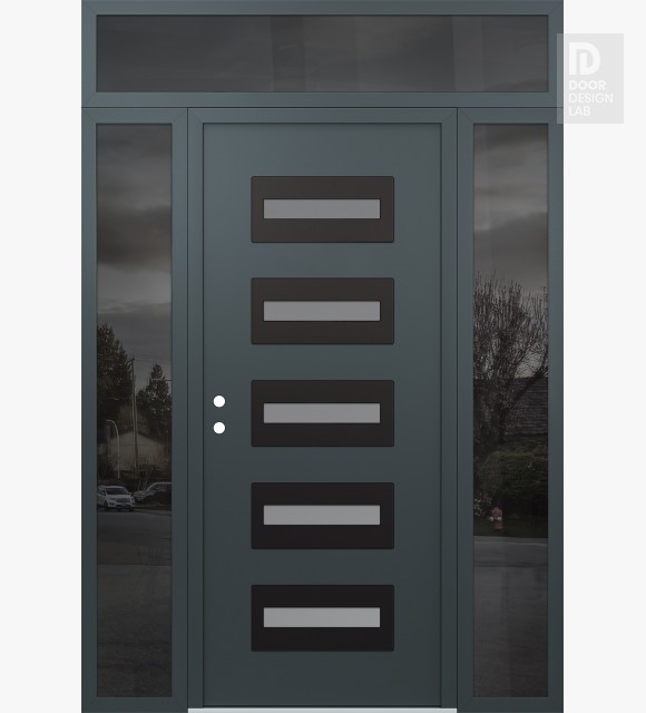 Modern Steel Front Door Diamond D4 68" x 96" anthracite/anthracite frosted Glass Panel black RHI with 2 Sidelites and Transom mirrored Glass