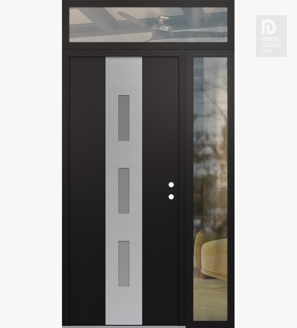 Modern Steel Front Door DIAMOND A7 50" X 96" BLACK/WHITE FROSTED GLASS PANEL STAINLESS STEEL LHI WITH SIDELITE AND TRANSOM CLEAR GLASS