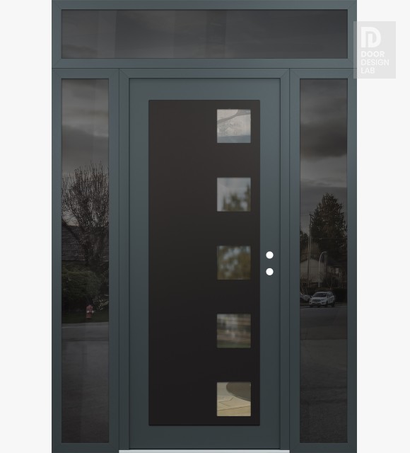 Modern Steel Front Door Diamond C5 60" x 96" anthracite/anthracite clear Glass Panel black LHI with 2 Sidelites and Transom mirrored Glass