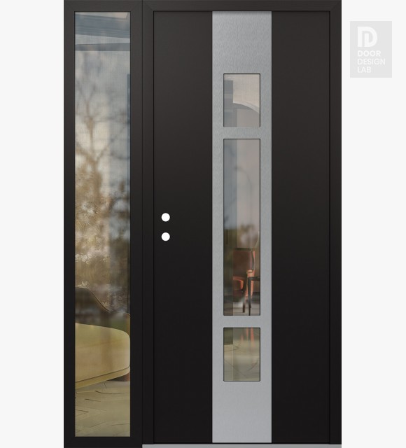Modern Steel Front Door DIAMOND A9 52" X 80" BLACK/BLACK CLEAR GLASS PANEL STAINLESS STEEL RHI WITH SIDELITE CLEAR GLASS