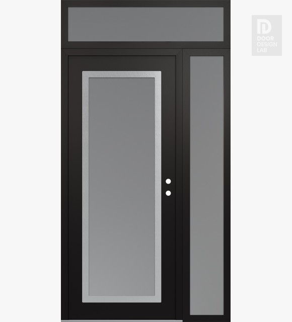 Modern Steel Front Door Diamond C1 48" x 96" black/white frosted Glass Panel stainless steel LHI with Sidelite and Transom frosted Glass