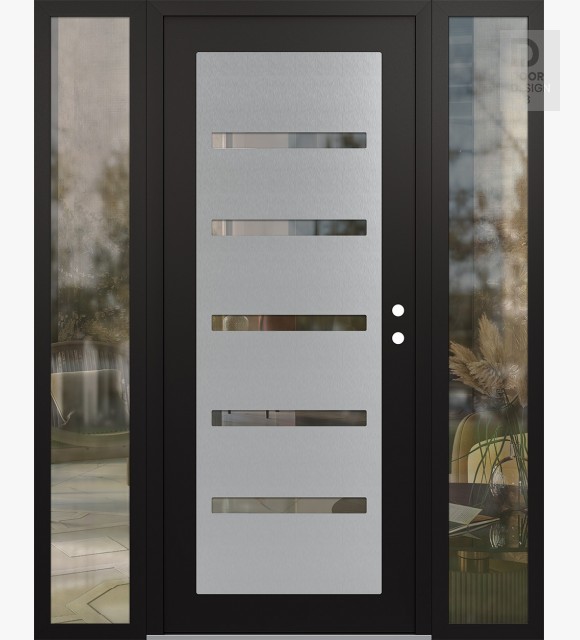 Modern Steel Front Door Diamond C7 60" x 80" black/black clear Glass Panel stainless steel LHI with 2 Sidelites clear Glass